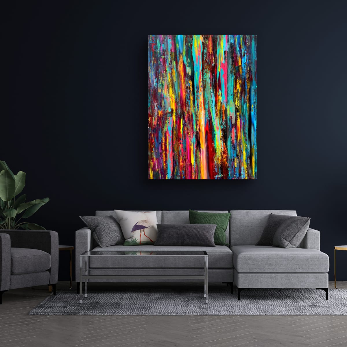 DOE EYED GIRL glowing against a deep navy wall above a grey sectional sofa in a modern living room