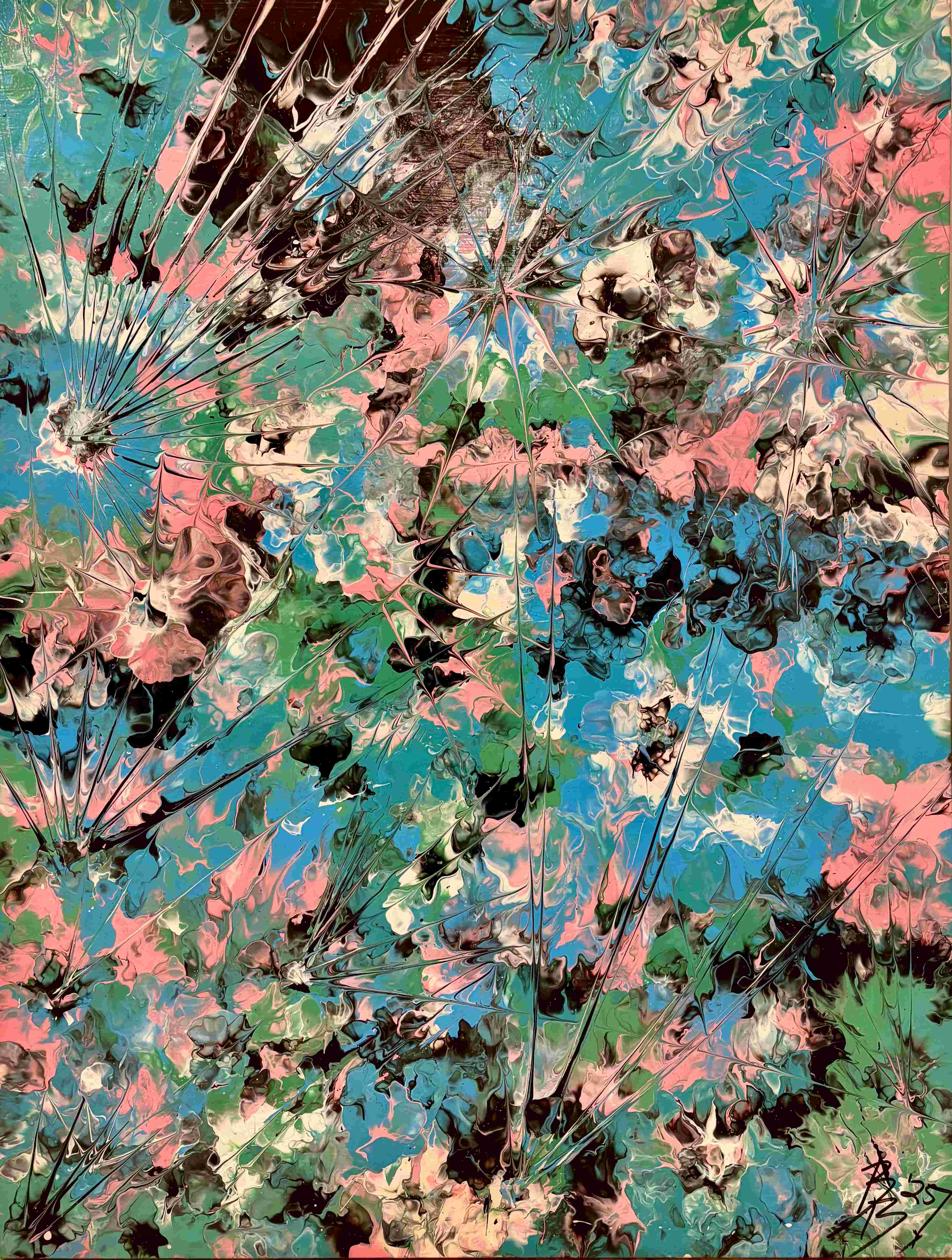 MIAMI OR DIE, abstract painting in acrylic, Floetrol and water, coral pink, sea green and sky blue bursting into fine black starburst lines