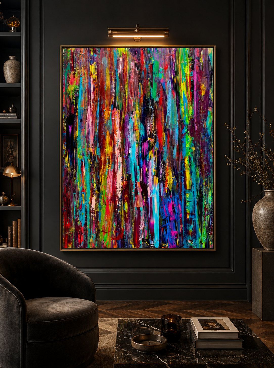 DOE EYED GIRL in a gold float frame under a brass picture light on a black panelled wall, velvet armchair and herringbone floor below