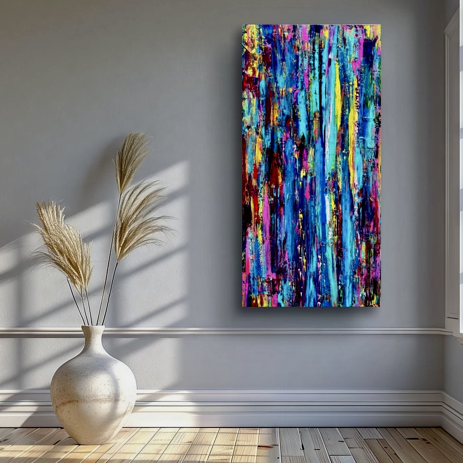THE WASTE hung on a soft grey wall in a sunlit room above a pale wood floor with a ceramic vase of pampas grass