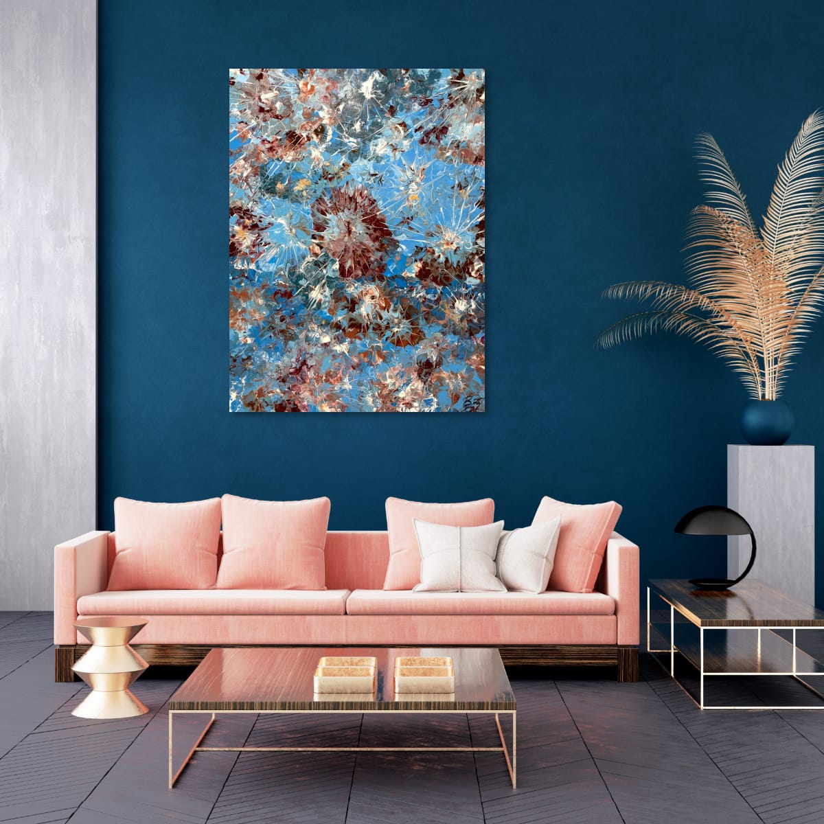 Bellissima Negozione hung on a deep teal wall above a blush pink sofa with a brass side table and dark herringbone floor