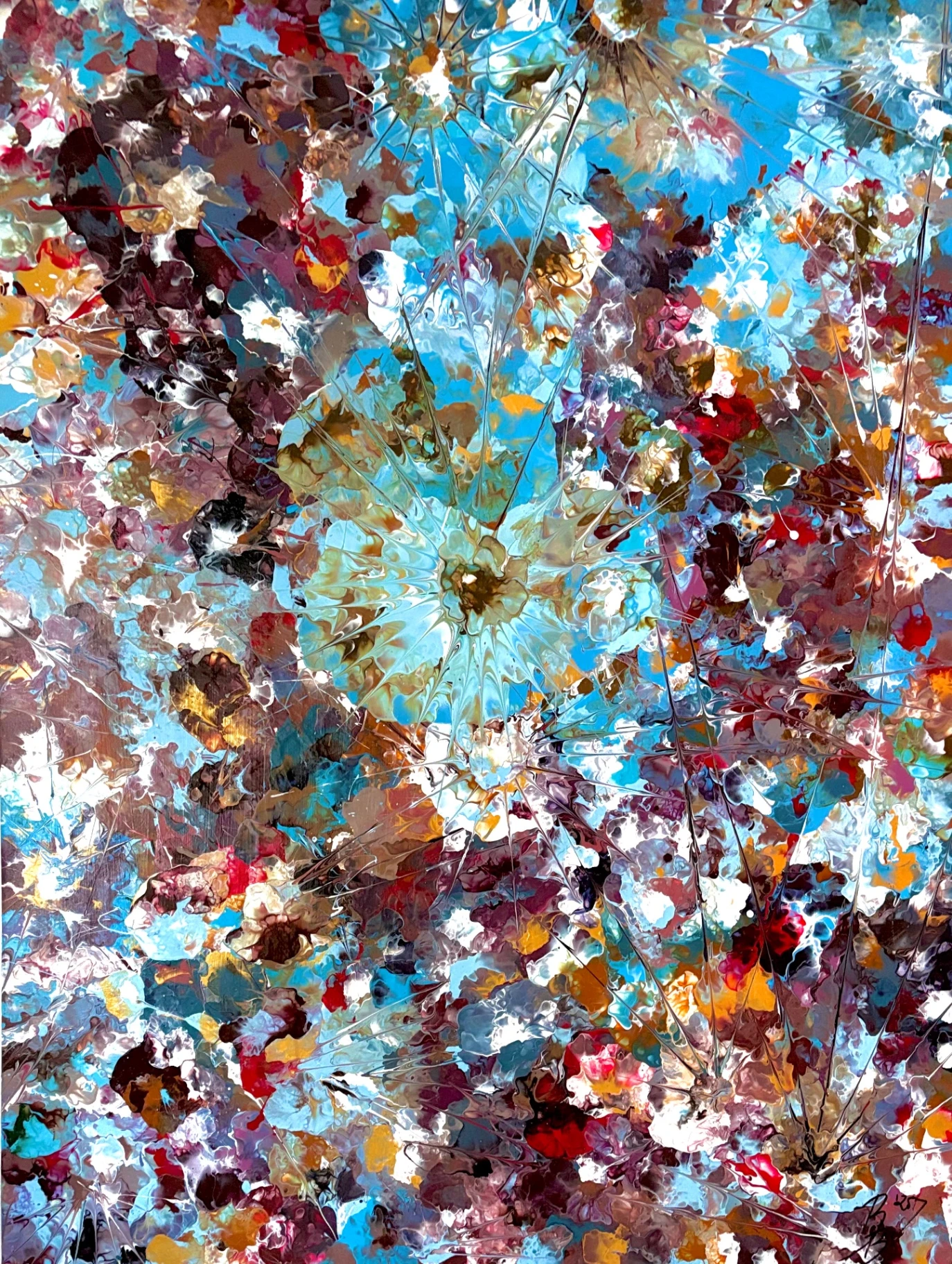 Bella Morte filling a wall with its explosive field of turquoise, amber and burgundy colour