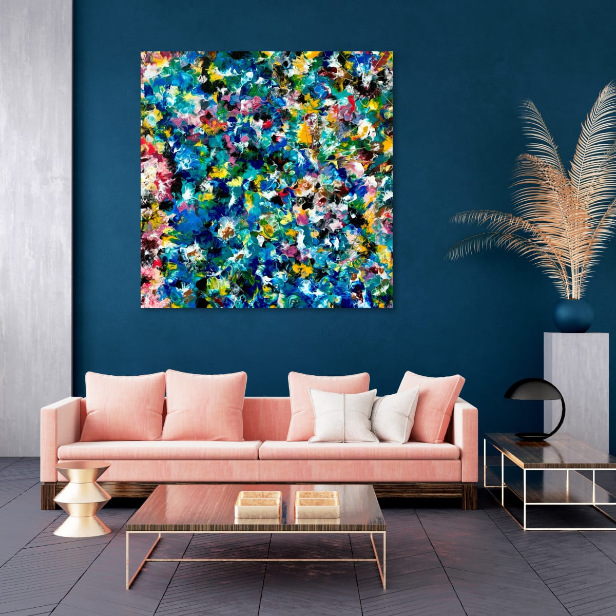 NO ONE GETS A HAPPY ENDING hung on a deep teal wall above a blush pink sofa, brass side table and dark herringbone floor