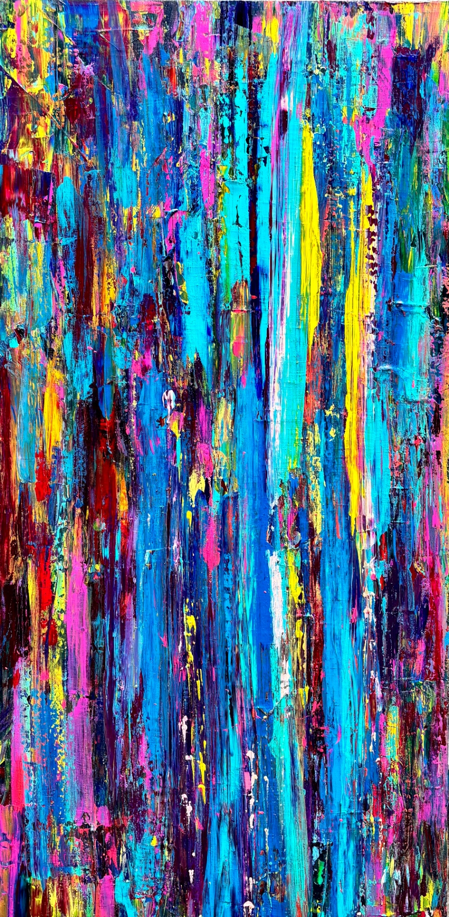 THE WASTE, tall abstract painting in acrylic and oil, vertical streaks of electric blue, magenta, yellow and oxblood over black