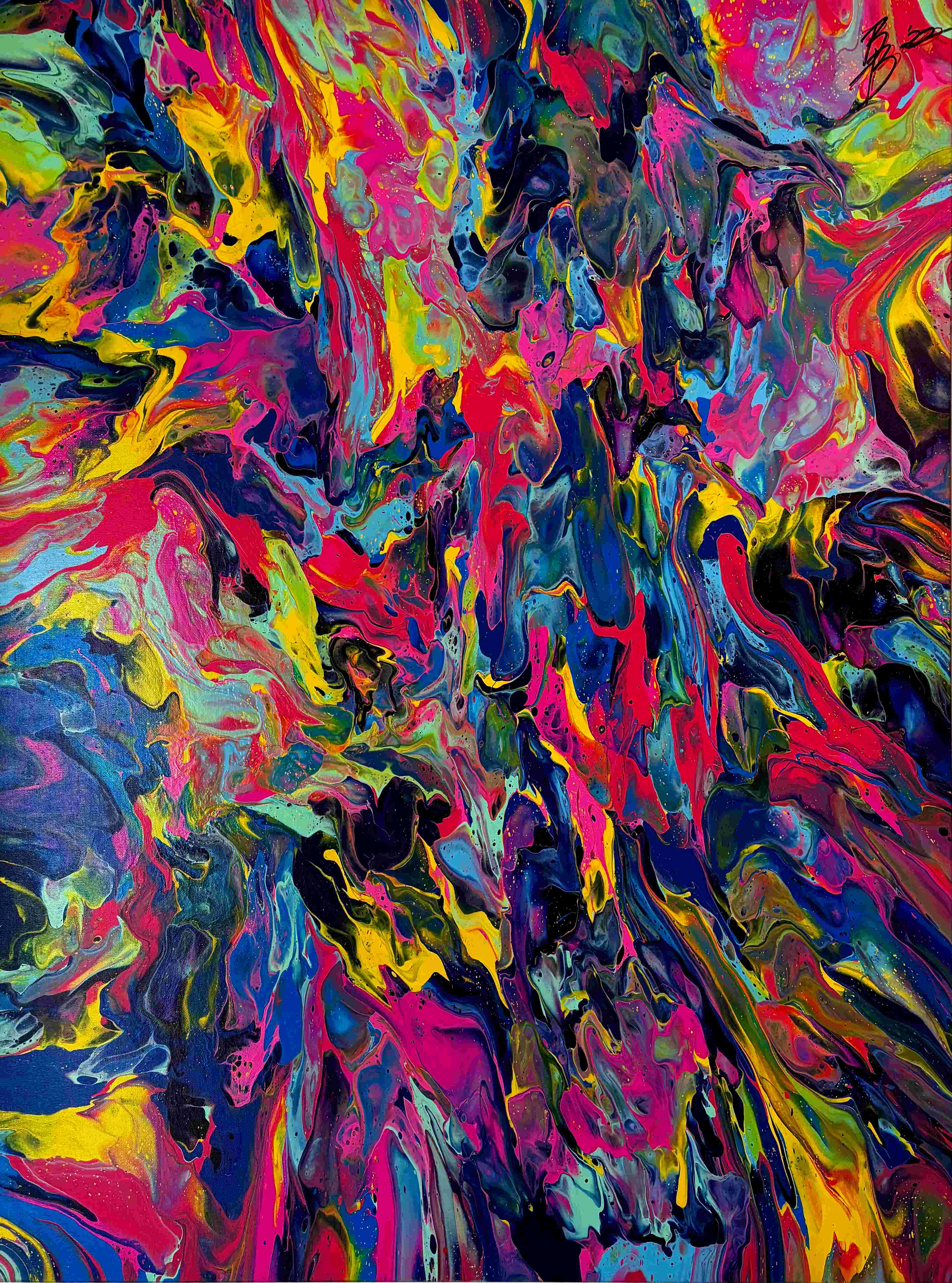 The 2 Minutes That Took Ten Years, abstract acrylic, Floetrol and water painting in saturated fuchsia, cobalt, yellow and emerald streams colliding in liquid motion