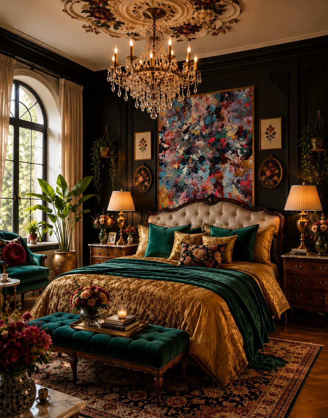 NO ONE GETS A HAPPY ENDING above a tufted bed in a dark green period bedroom with a crystal chandelier and emerald velvet furnishings