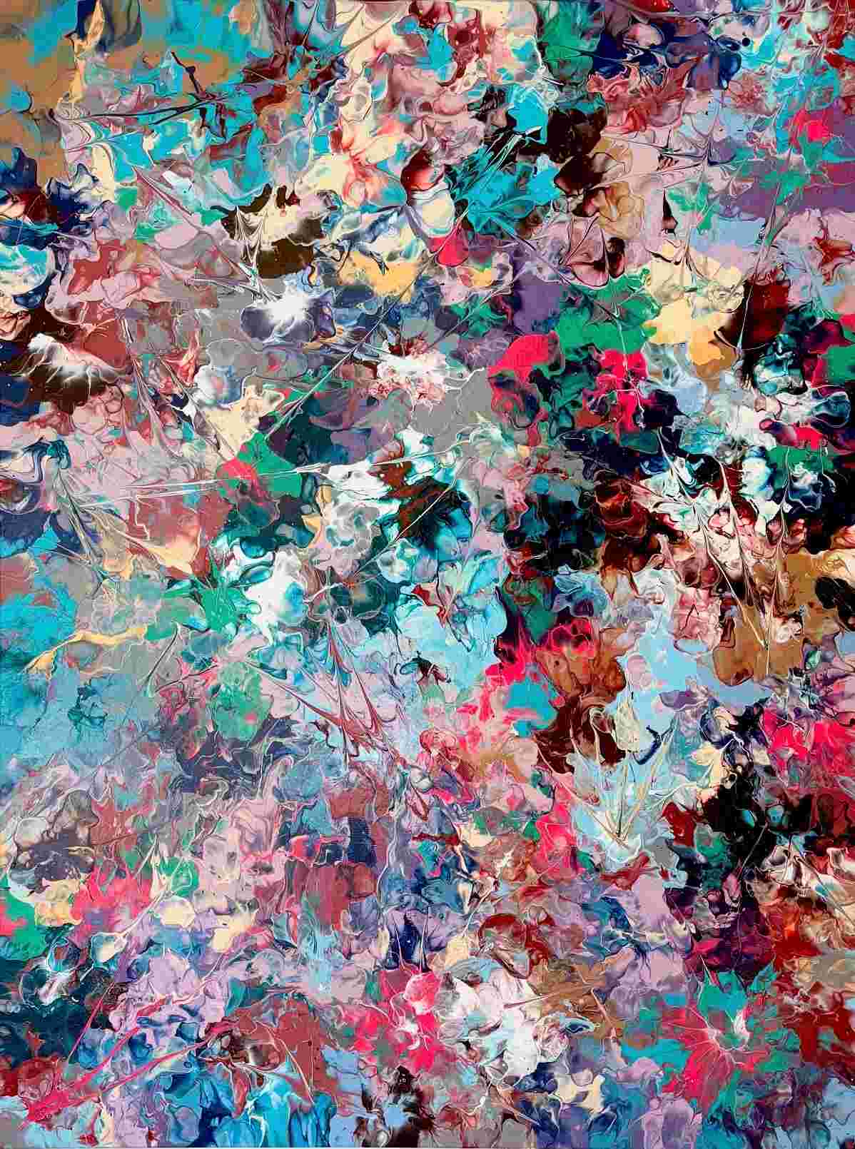 Bellissimi Ochi Verdi, square abstract painting in acrylic, Floetrol and water of scattered star like marks across a dark, broken field