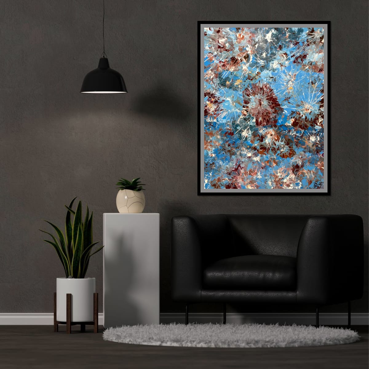 Bellissima Negozione framed in black on a charcoal plaster wall above a black leather armchair and a pale round rug