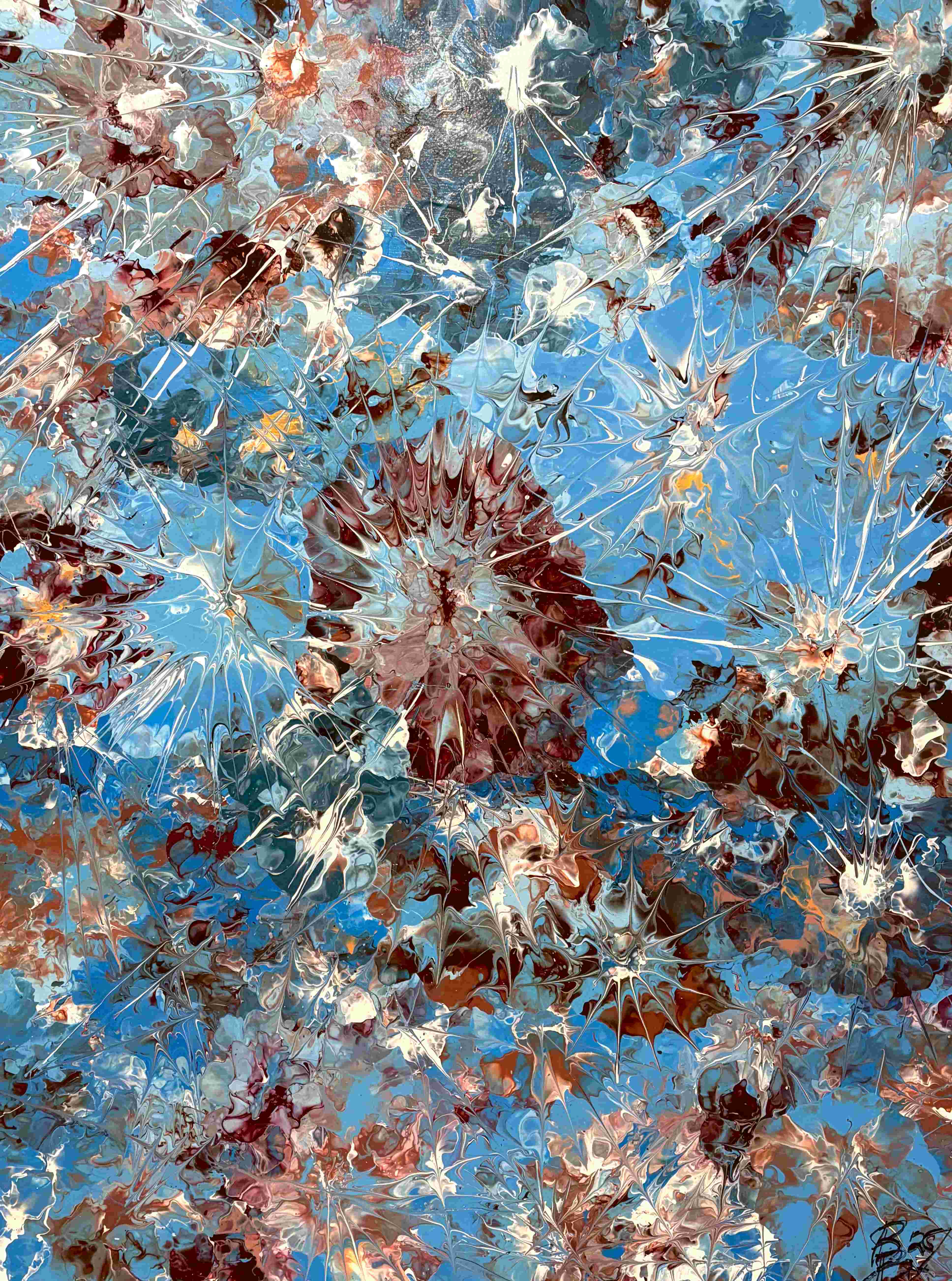 Bellissima Negozione, vertical abstract painting in acrylic, Floetrol and water, sky blue field burst through with oxblood and white starburst blooms