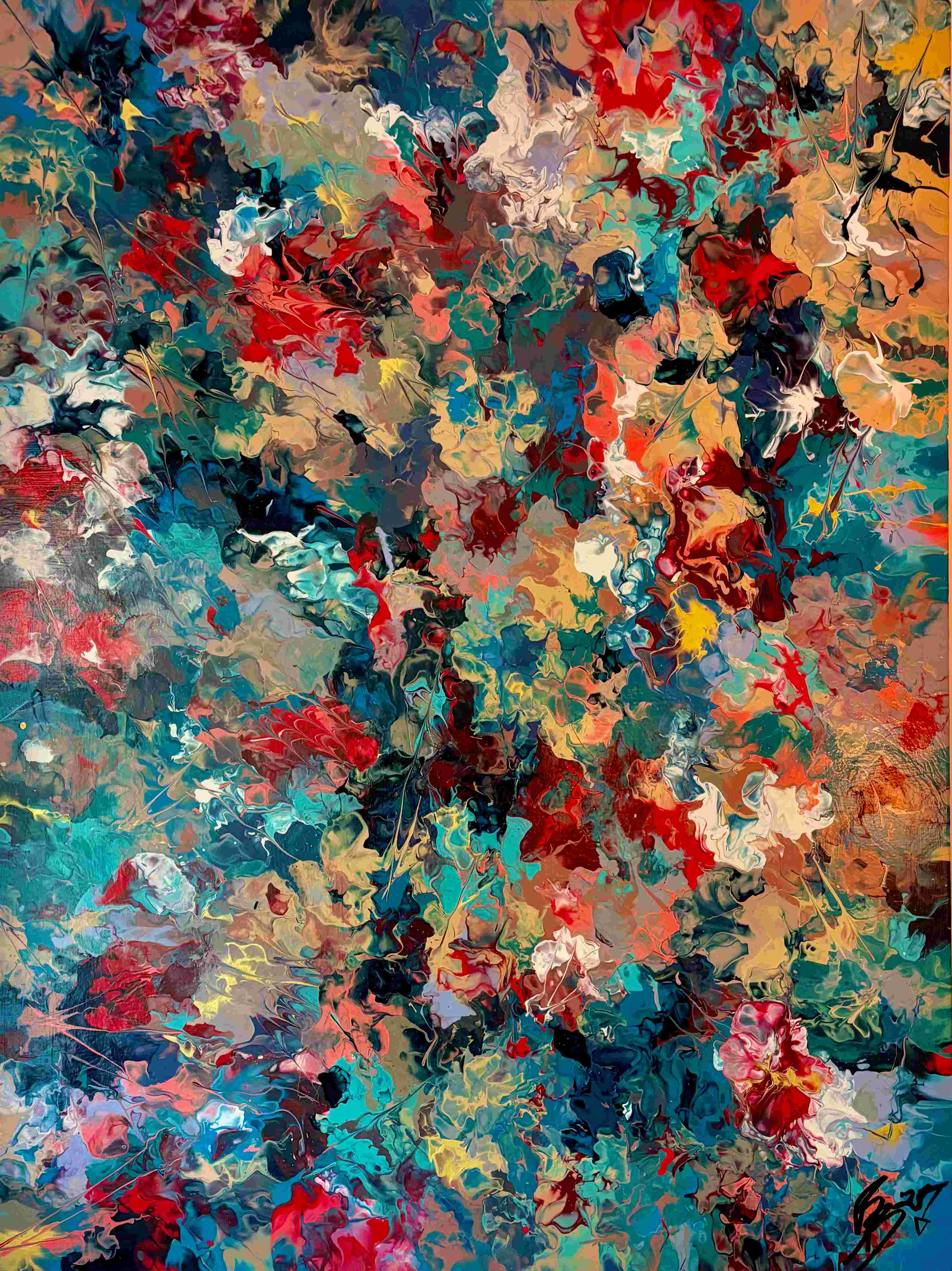 Bella Mente, large abstract painting in acrylic, Floetrol and water of colliding forms and overlapping marks on canvas
