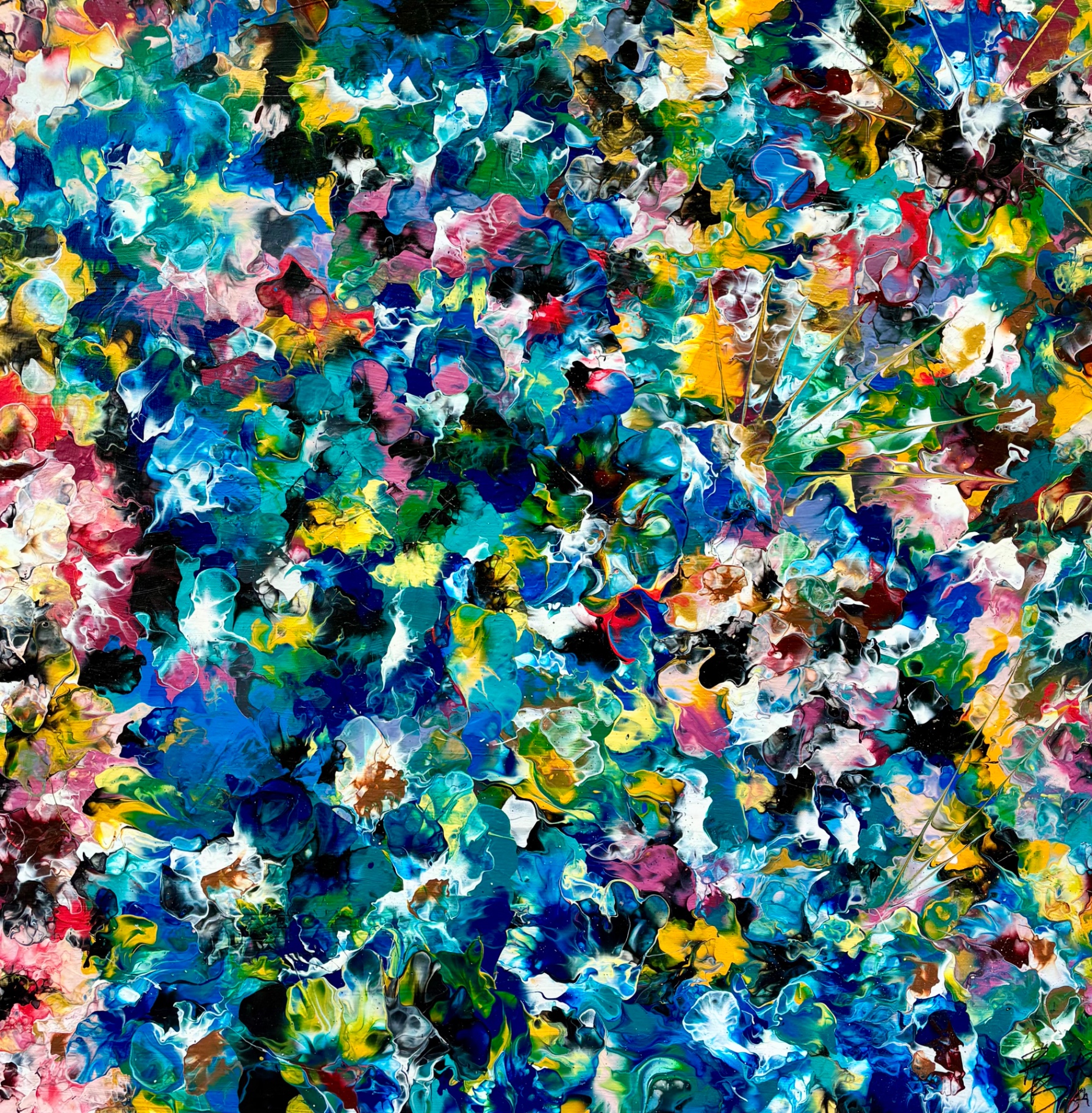 NO ONE GETS A HAPPY ENDING, square abstract painting in acrylic, Floetrol and water, dense blooms of blue, turquoise, yellow, pink and white across the whole canvas