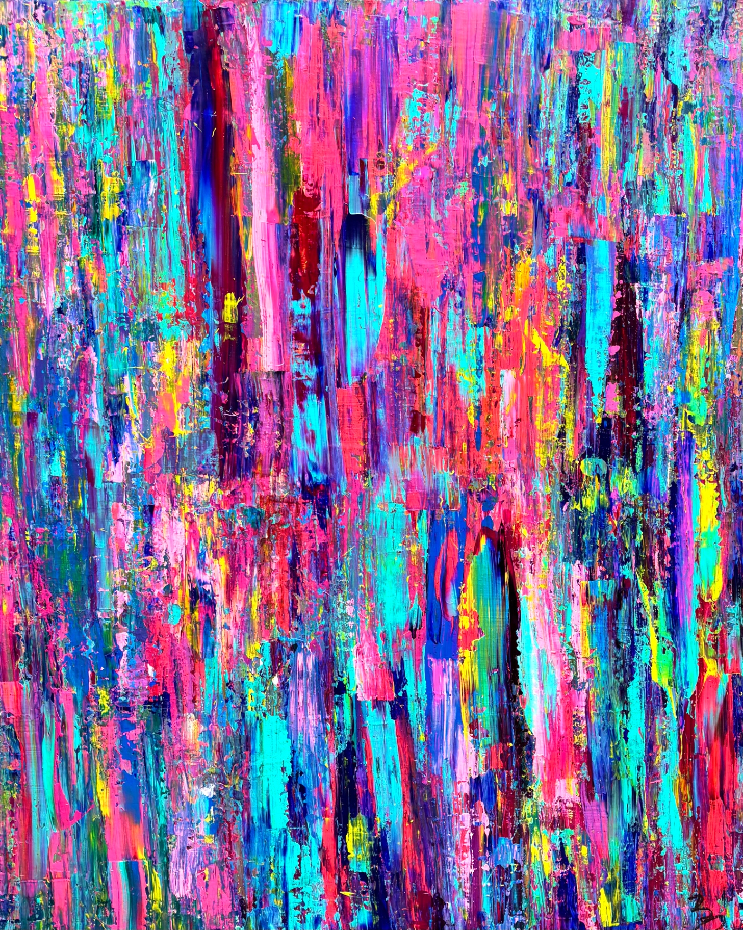 WHEN DID THIS BECOME OK, abstract acrylic, Floetrol and water painting in vertical pink, cyan and yellow strokes, 48 by 60 inches