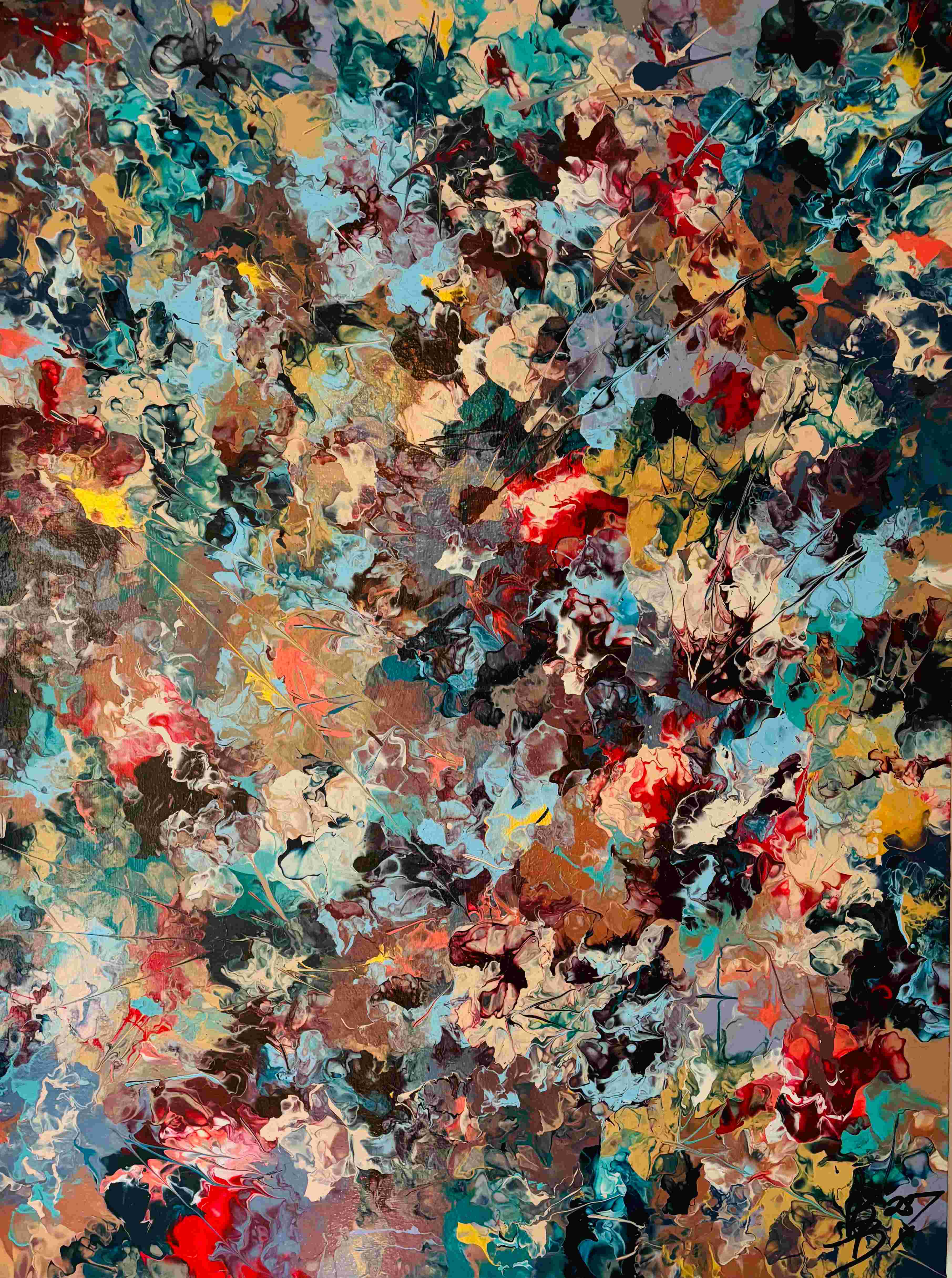 Bella Musa, abstract acrylic, Floetrol and water painting splitting the full colour spectrum into jagged shards