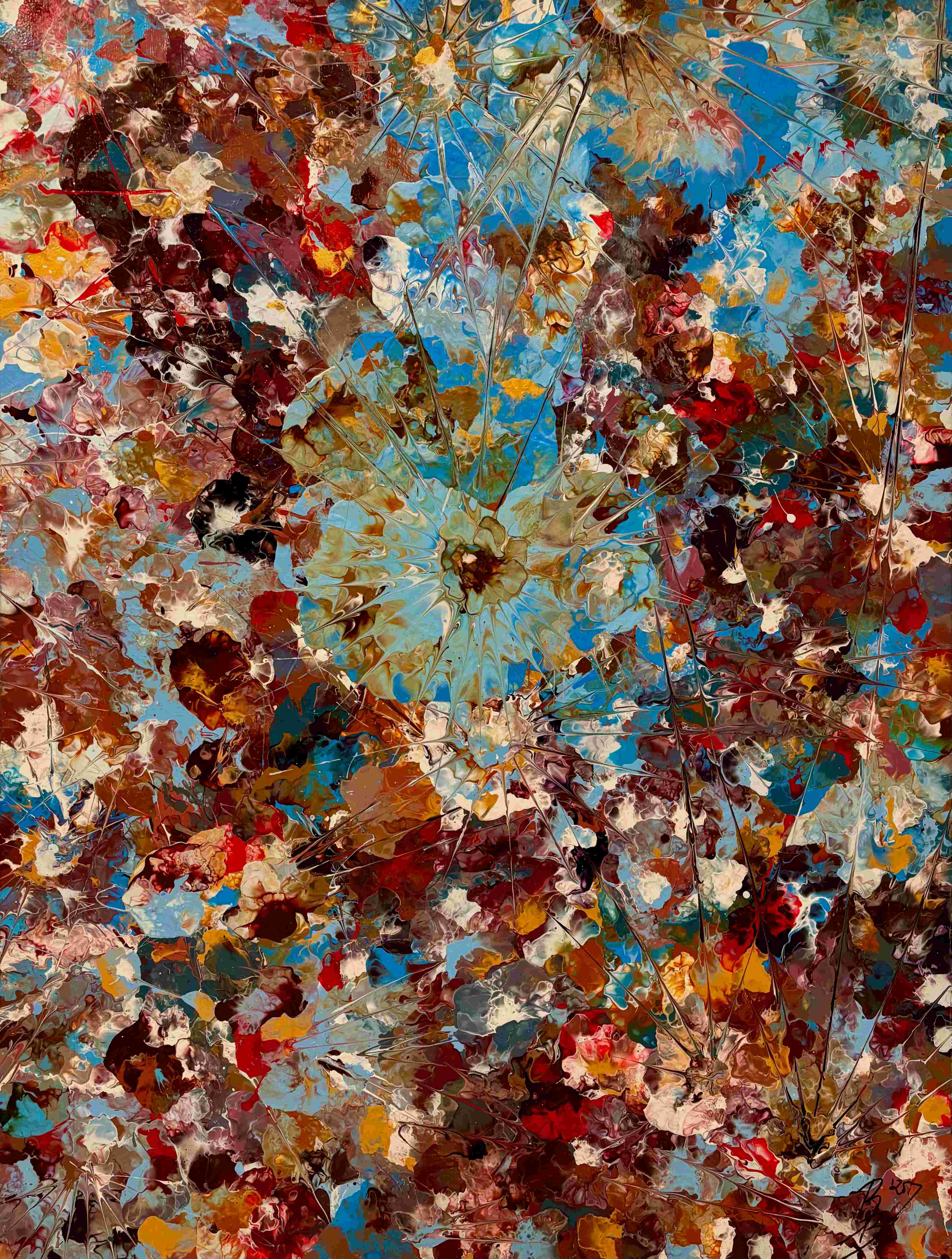 Bella Morte, abstract painting in acrylic, Floetrol and water, a radiant burst of turquoise, amber, burgundy and white splinters spreading across the canvas