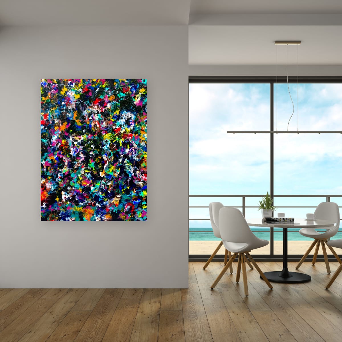 KING OF HEARTS on a pale wall in a coastal apartment, white dining chairs and an ocean view through floor to ceiling glass