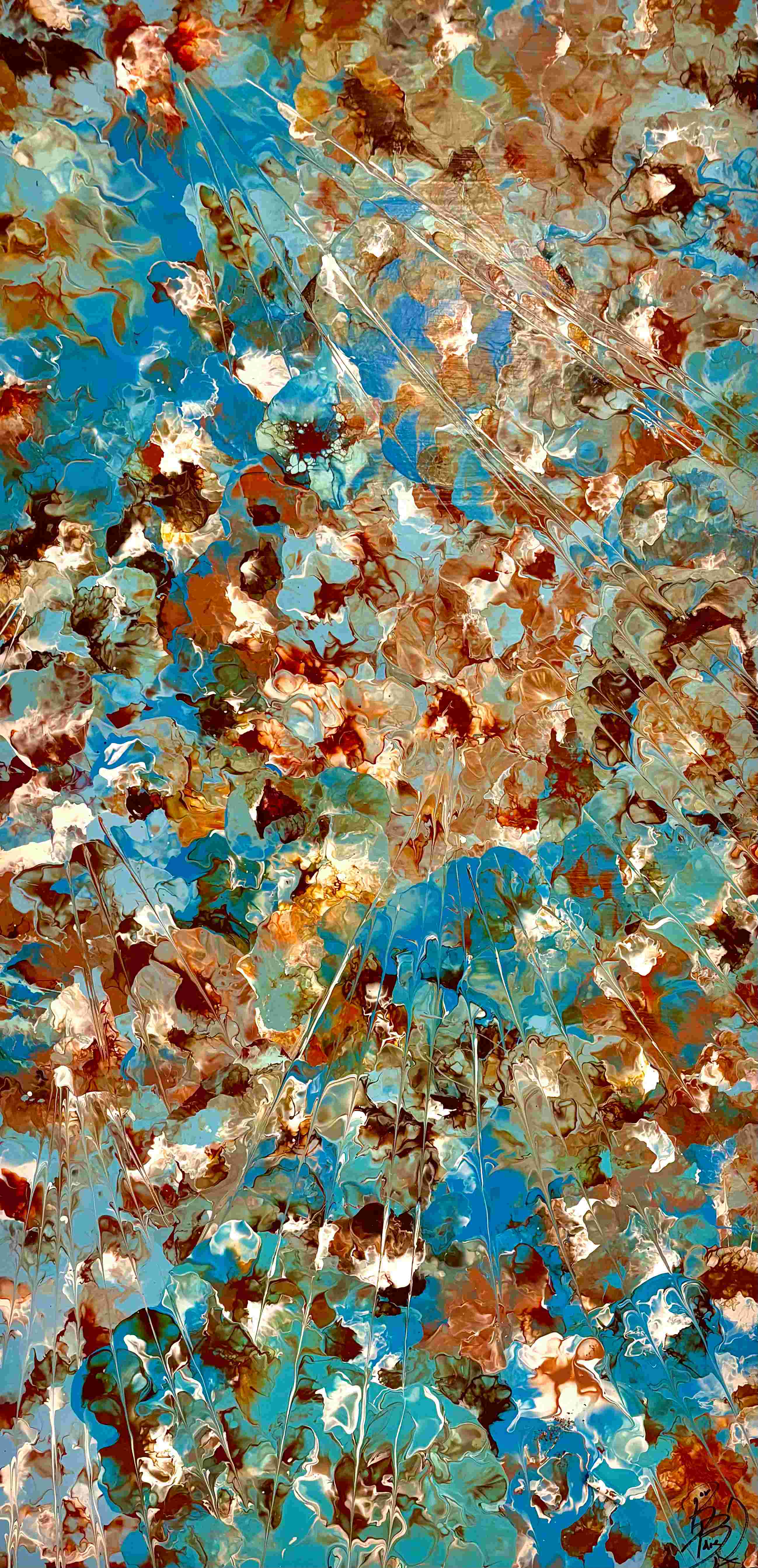 Where We Go to Die, abstract acrylic, Floetrol and water painting in drifting turquoise with warm metallic highlights