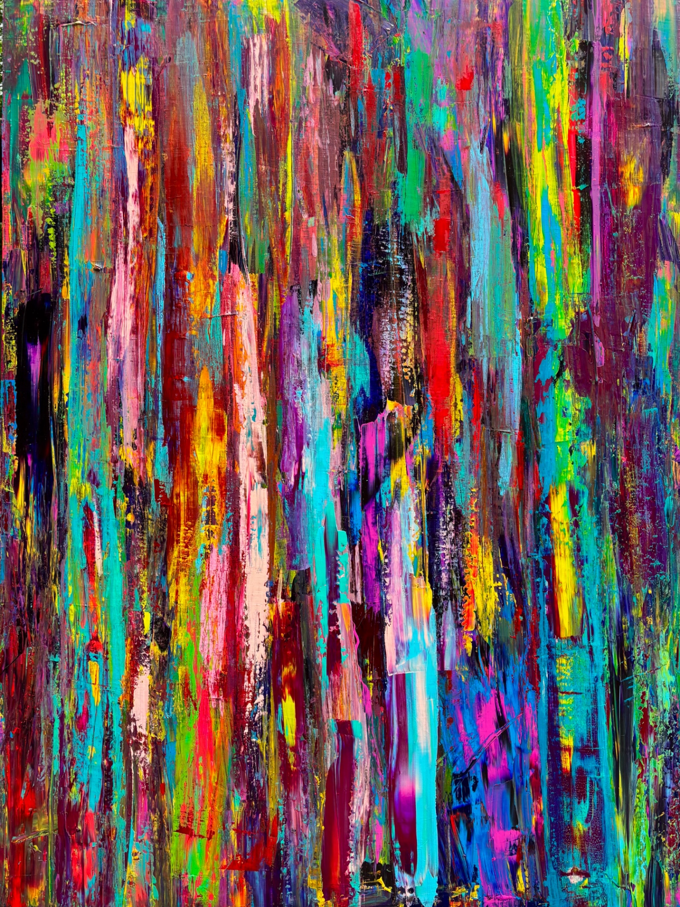 PLACE OR FOLD, abstract acrylic, Floetrol and water painting in vertical bands of magenta, turquoise and yellow, 36 by 48 inches