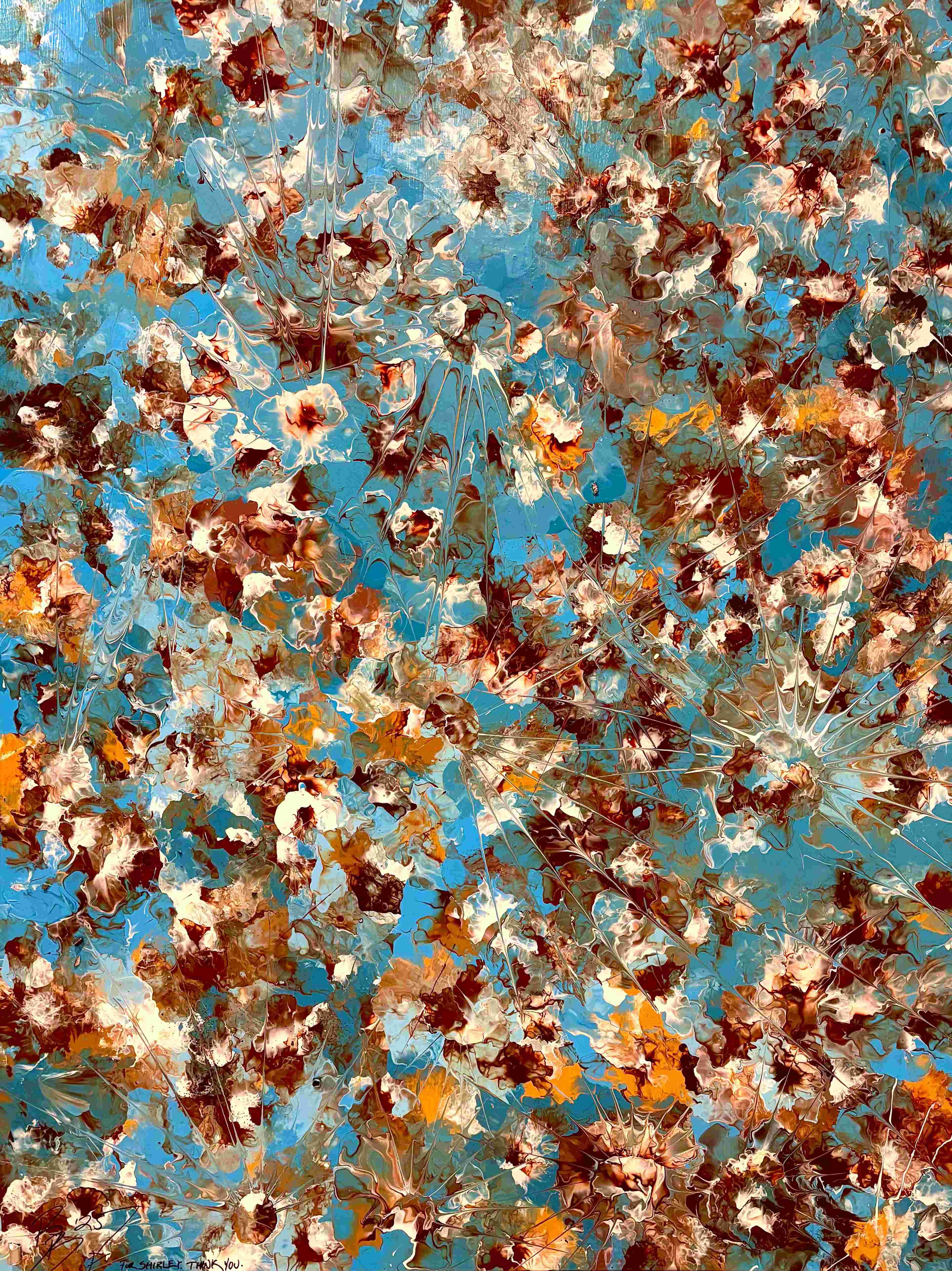 Chloe, abstract acrylic, Floetrol and water painting on canvas, 36 by 48 inches