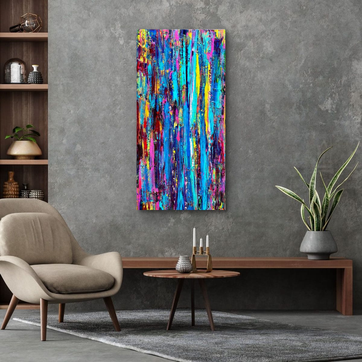 THE WASTE on a raw concrete wall in a modern living room with a beige armchair and a low walnut bench