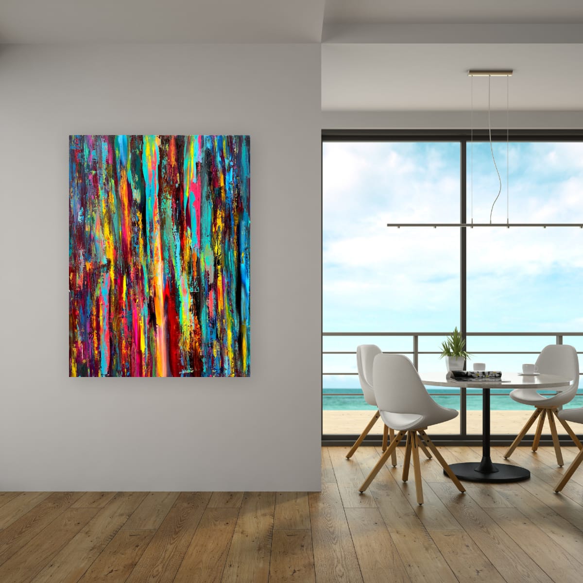 DOE EYED GIRL hung on a pale wall in a bright coastal dining room with white chairs and an ocean view