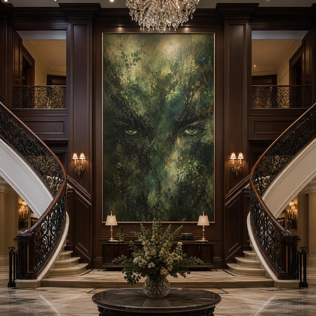 The 2 Minutes That Took Ten Years hung in the centre of a grand entryway, flanked by two sweeping marble staircases and lit by a crystal chandelier