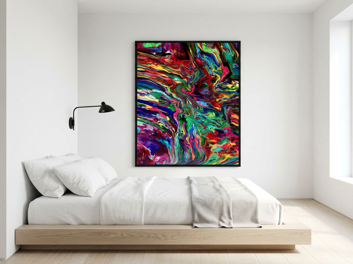 The Preventative Directive hung in a bright interior, its surging colour warming the pale walls