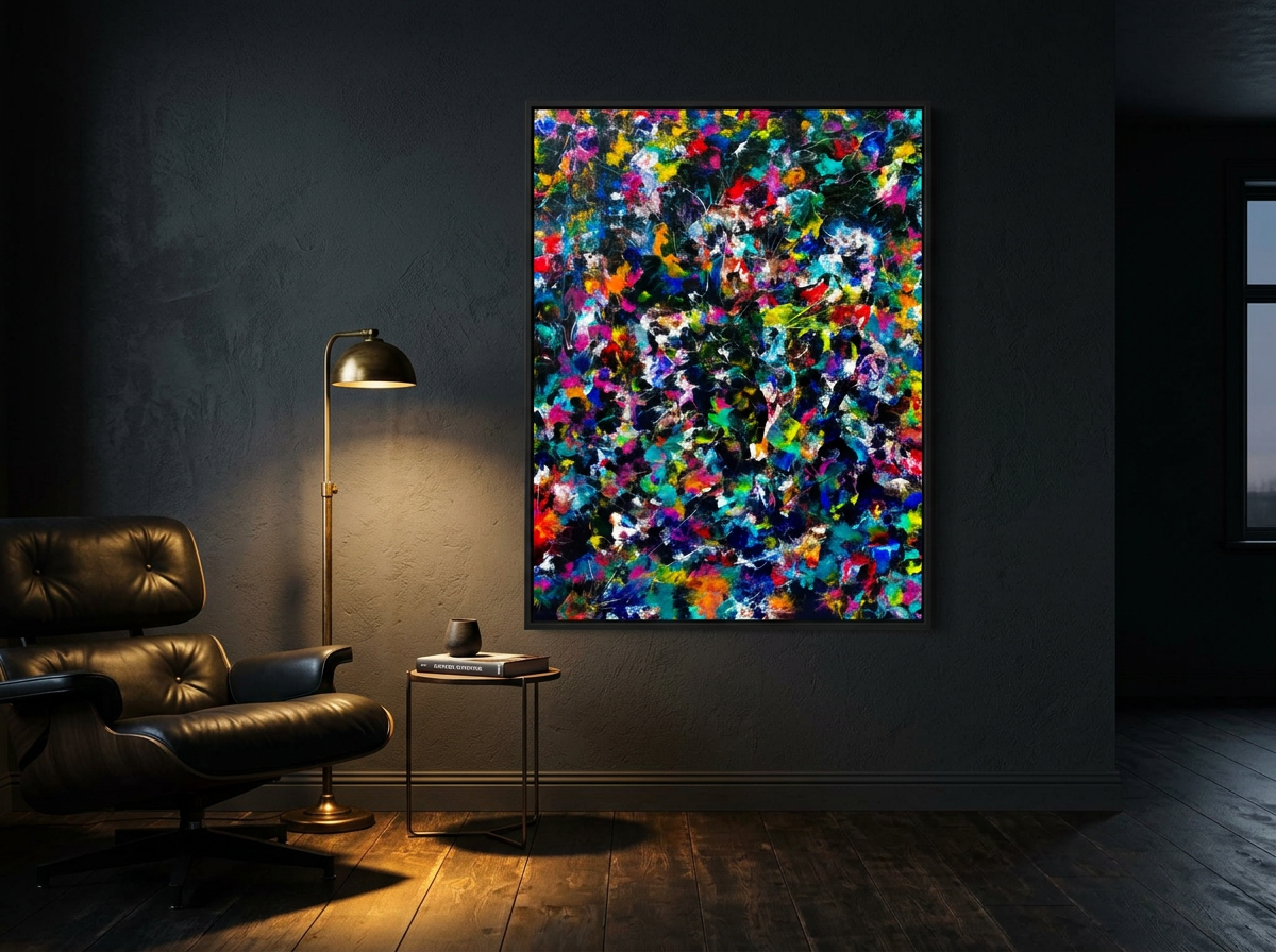 KING OF HEARTS mounted on a plaster wall above a leather couch, the swirling colour field anchoring the room