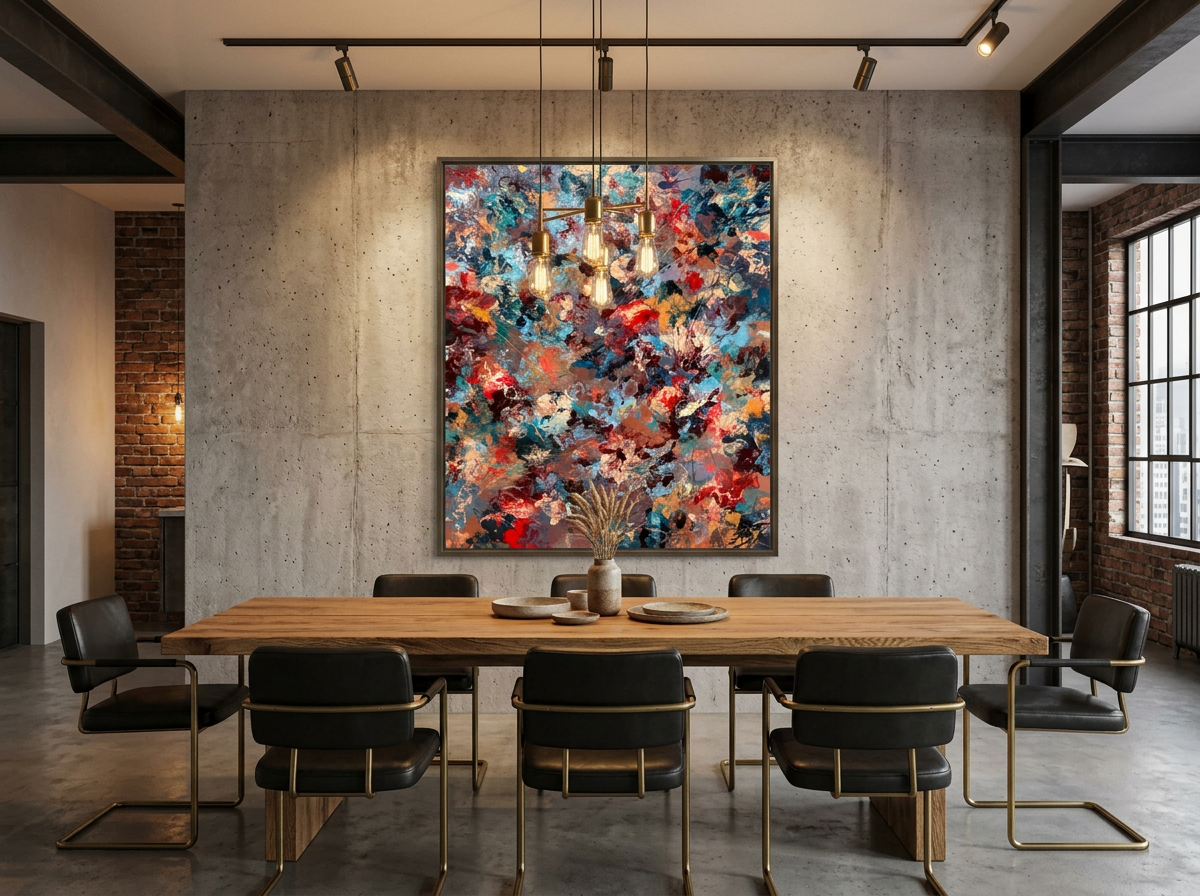 Bella Musa hung above a sideboard, its shards of colour lifting an otherwise neutral interior