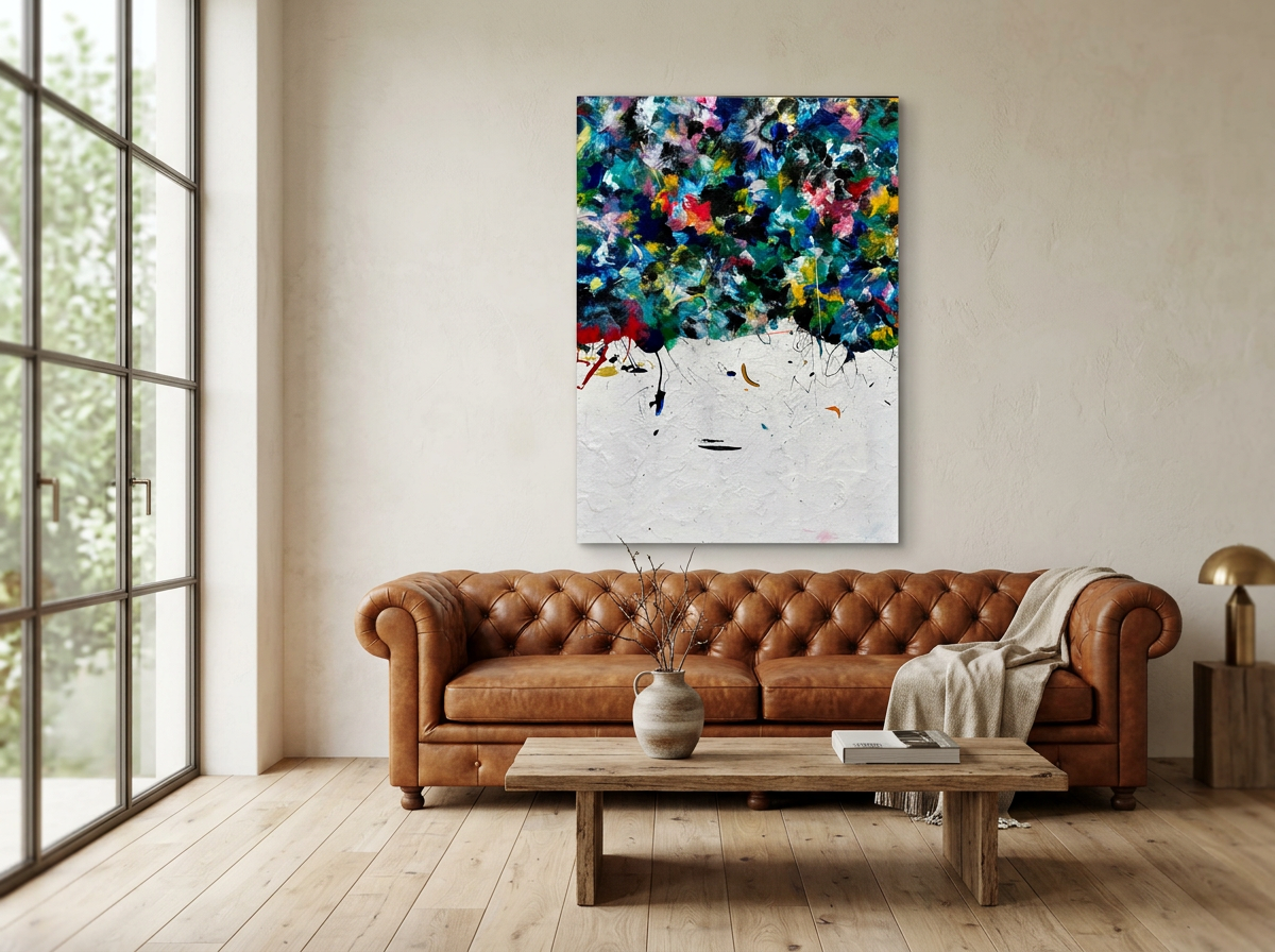 THE SLEEP PEOPLE PARTY hung above a low sofa in a sunlit living room, its green and warm fractures echoing the neutral walls