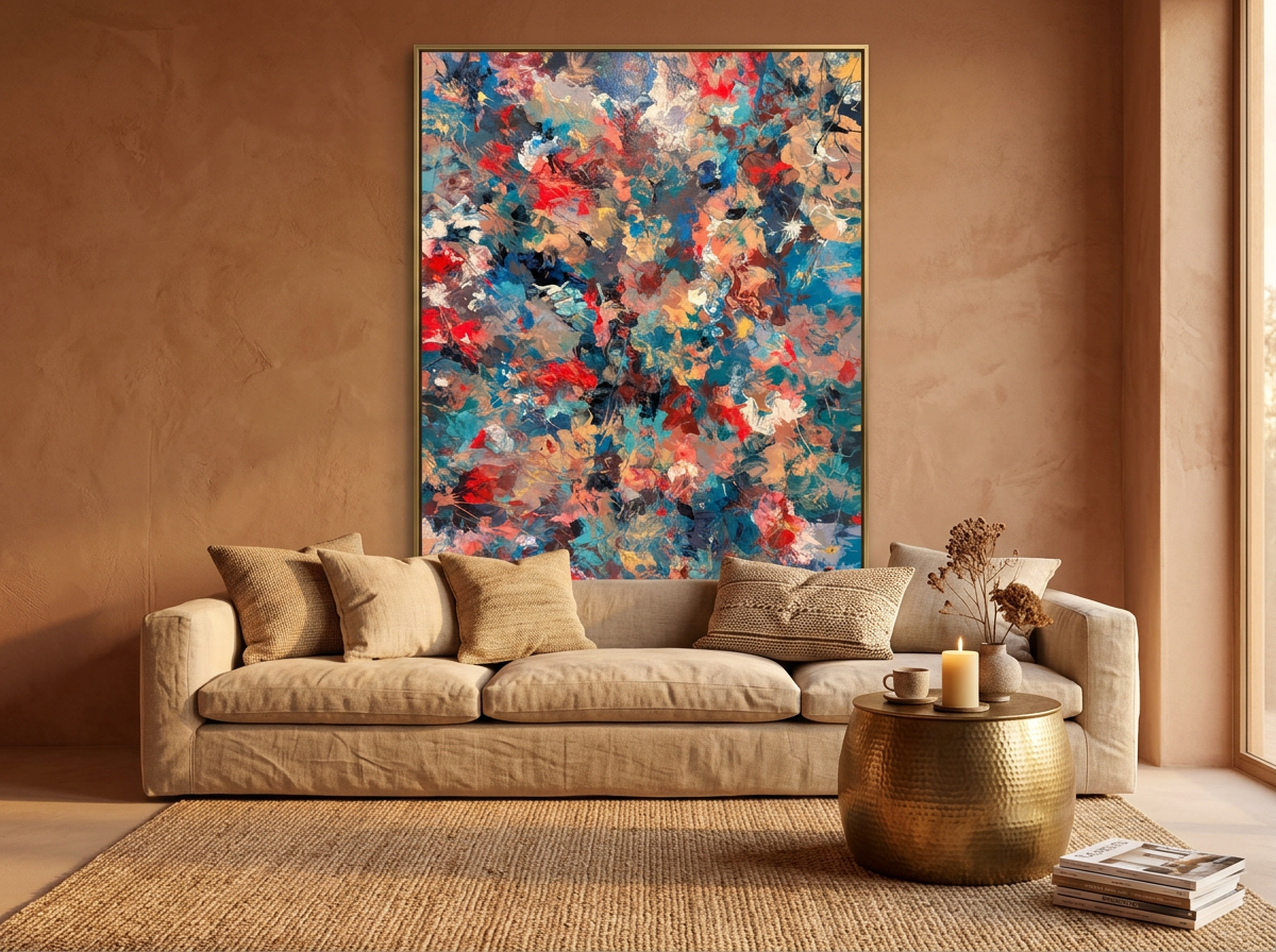 Bella Mente filling a feature wall in a spacious room, its colliding forms scaled against the furniture