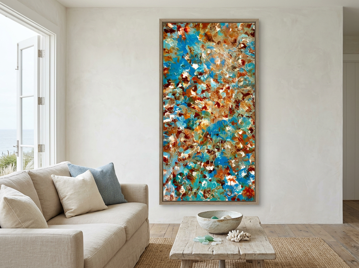 Where We Go to Die hung in a serene room, its turquoise surface reflecting the natural daylight